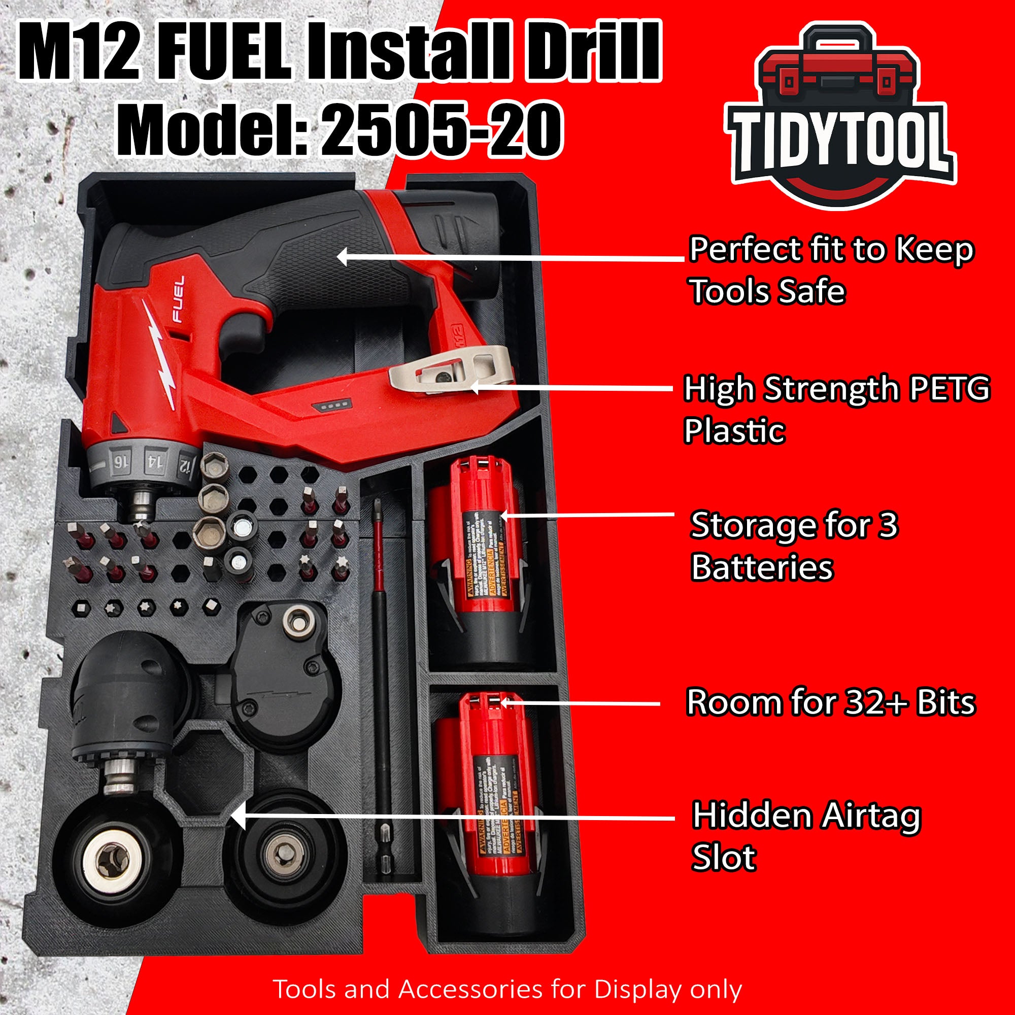 M12 Fuel Installation Drill Organizer for Milwaukee Packout 2 and 3 Drawer Tool Boxes