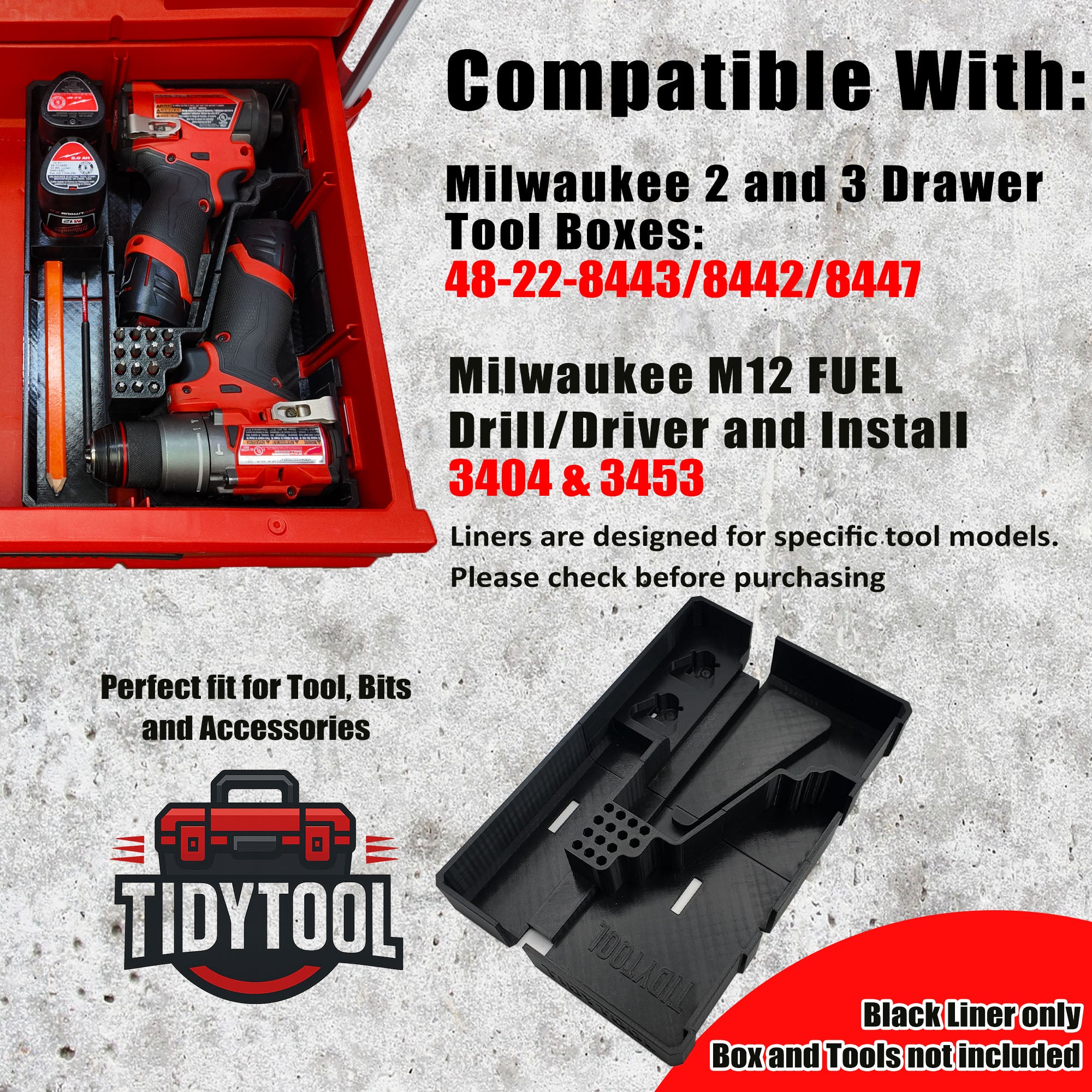 Liner for M12 Fuel Drill Driver Impact and Milwaukee Packout Compact Tool Box organizer